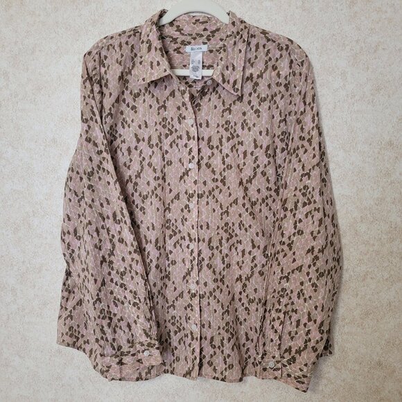 Liz & Co. Pink Tan Brown Womens Long Sleeve Button Blouse XL - Picture 3 of 15